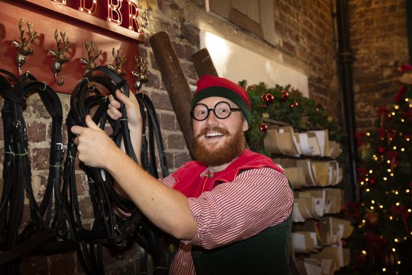 an elf holding the reindeer harness